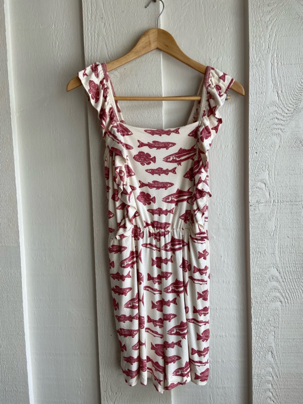Kate Quinn Bamboo Romper XS Fish Print Red Cream Stretchy Pockets